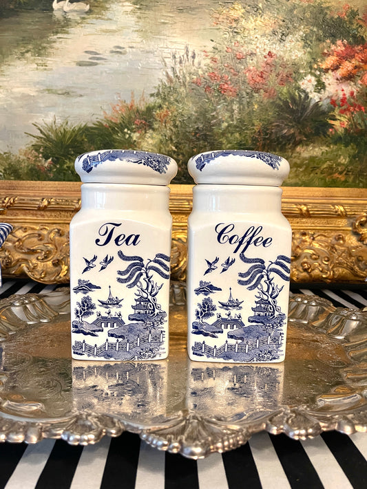 Blue Willow Coffee and Tea Lidded Jars, Made in England