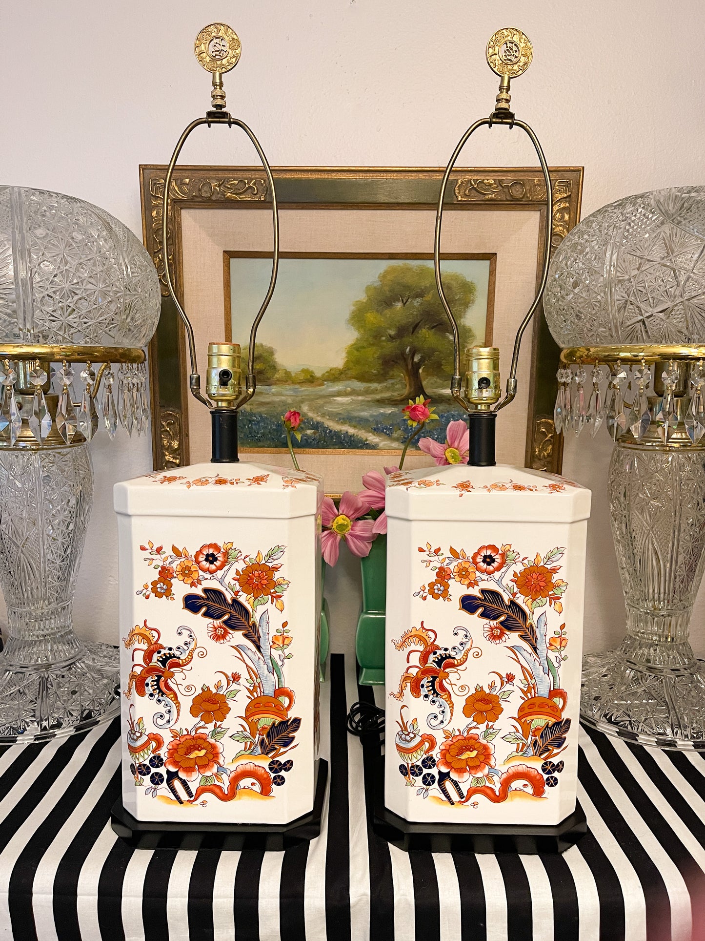Pair of Vintage Ceramic Chinoiserie Lamps, Classic Imari Colors of Blue and Orange, Floral, Feather, Mushroom and Butterfly Motif