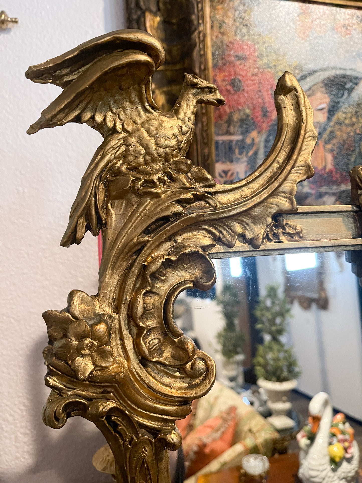 Antique Chinoiserie Hand Carved Gilt Wood Pagoda Rococo Mirror with Birds