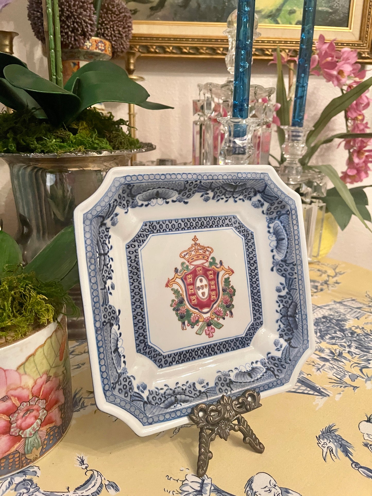 Vintage Blue and White Plate with Royal Crown Motif, Easel Included