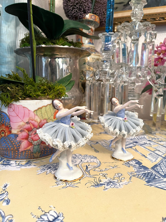 Vintage Dresden Ballerina, Blue and White with Pink Accents, Perfect Nursery Decor, Grandmillennial