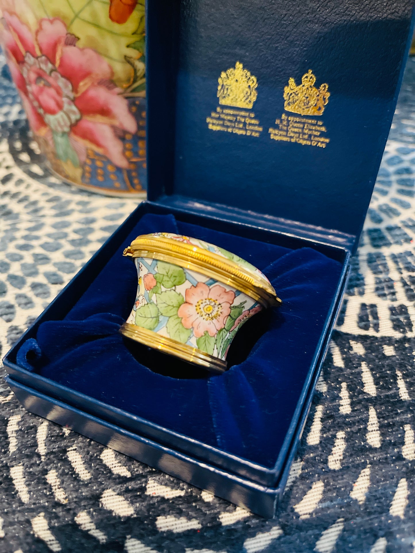 Vintage Halcyon Days Enamel Box with Pink and Yellow Flowers Draped on a Blue Trellis, Made in England