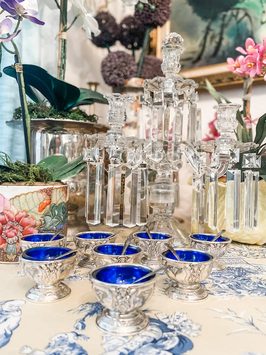 Vintage Cornell & Co Silverplate Salt Cellar with Cobalt Glass Liner, Set of Two with Spoons, Made in Japan