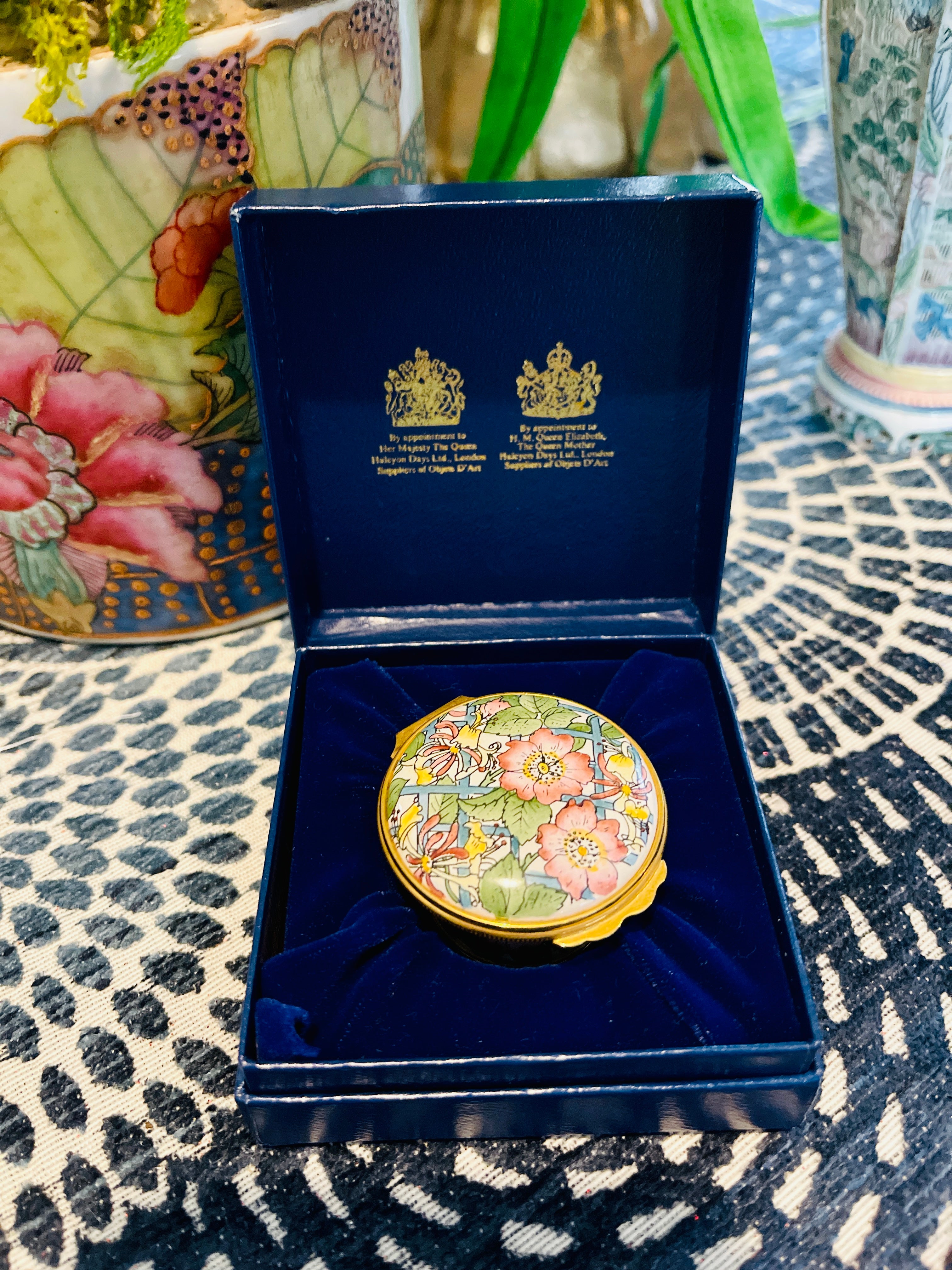 Vintage Halcyon Days Enamel Box with Pink and Yellow Flowers