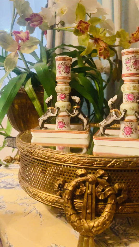 Pair of Vintage Mottahedeh Porcelain Candlesticks – Hand-Painted with Hunting Dogs