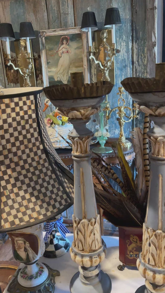 Pair of Vintage French Altar Sticks – Hand-Carved Wood with Gilded Accents