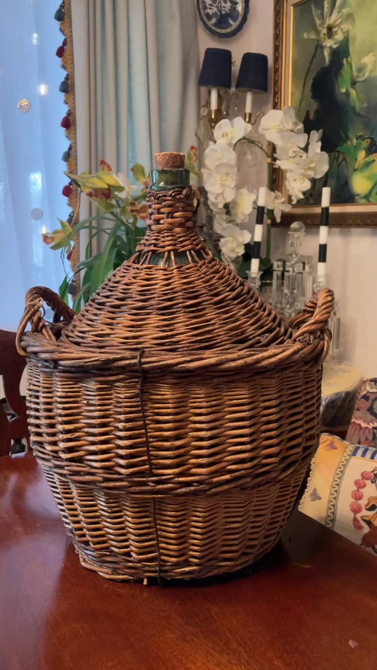 Vintage Demijohn Carboy Wine Jug — Green Glass with Handwoven Wicker Cover & Original Cork