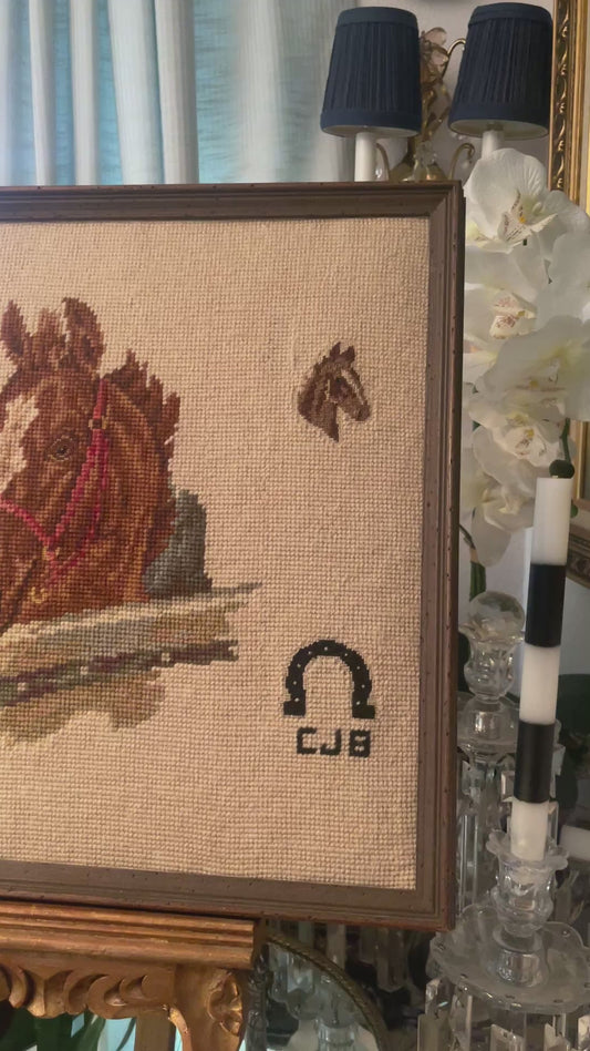 Vintage Western Horse Needlepoint, Framed Americana Ralph Lauren Style Equestrian Art