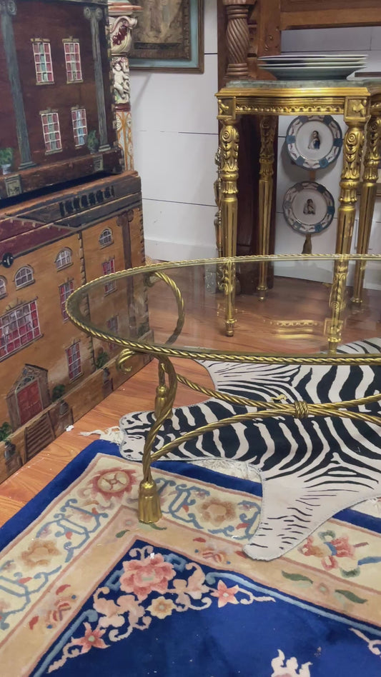 Vintage Italian Hollywood Regency Gilt Rope & Tassel Oval Coffee Table with Original Glass, Round Top Find
