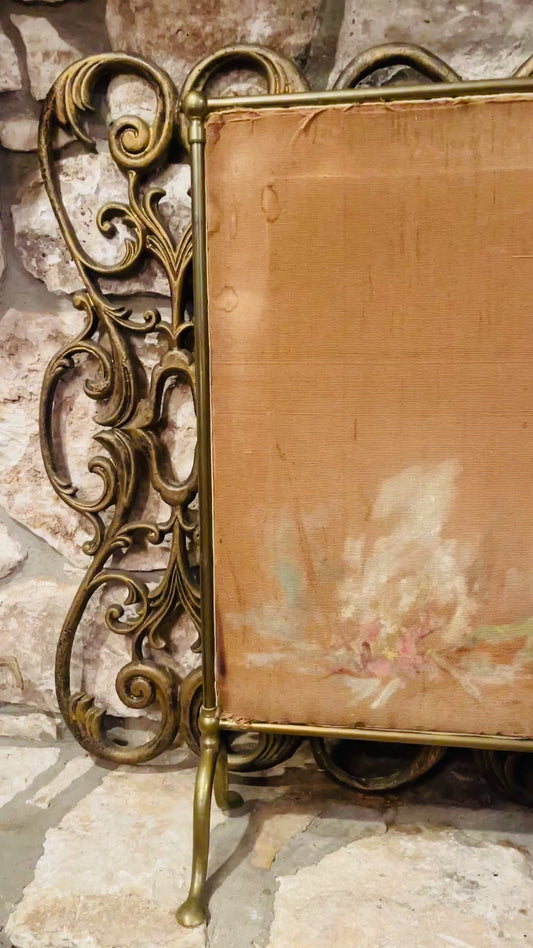 Antique Victorian Hand-Painted Fireplace Screen on Fabric with Brass Frame | Romantic 19th-Century Art Panel | Found in Round Top