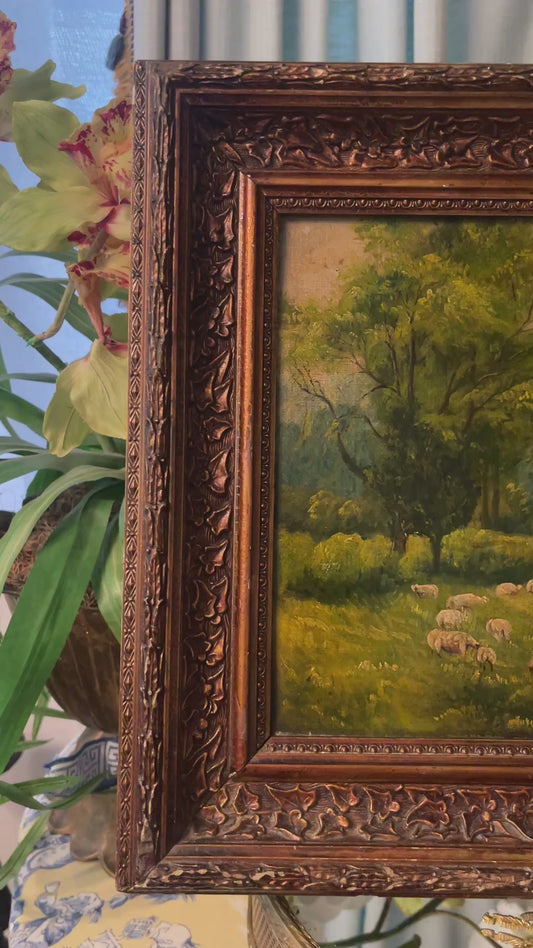 19th Century French Pastoral Oil Painting of Sheep Grazing — Antique Landscape with Varnished Finish