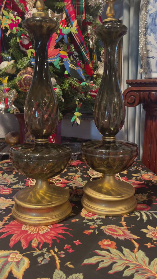 Large Midcentury Empoli Art Glass Lamps · Made in Italy · Smoky Quartz / Smoky Topaz Glass · Gold Leaf Bases & Finials