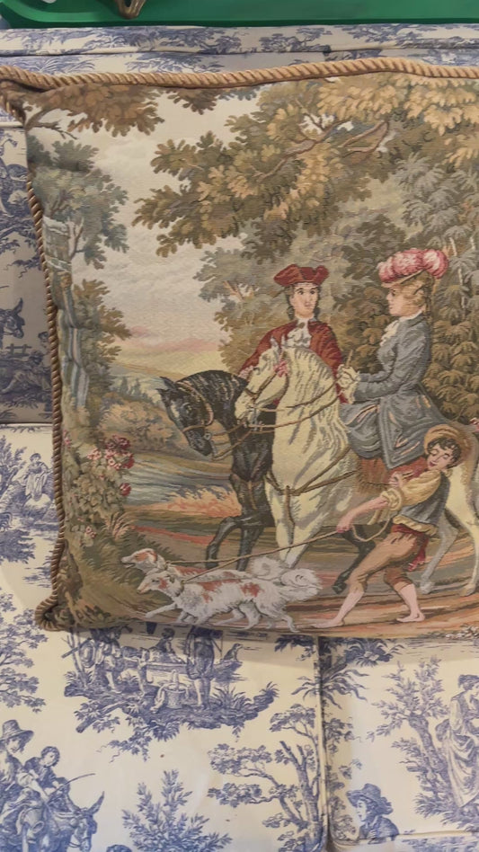 XL French Aubusson Tapestry Pillow — “The Equestrian Promenade” Round Top Find | early 20th Century French Elegance | A Scene of Horses, Hounds & High Romance