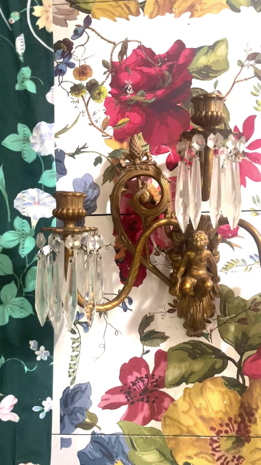 Antique Victorian Putti Wall Sconces With Crystal Prisms — Ornate Brass Cherub Candle Sconces (Pair)