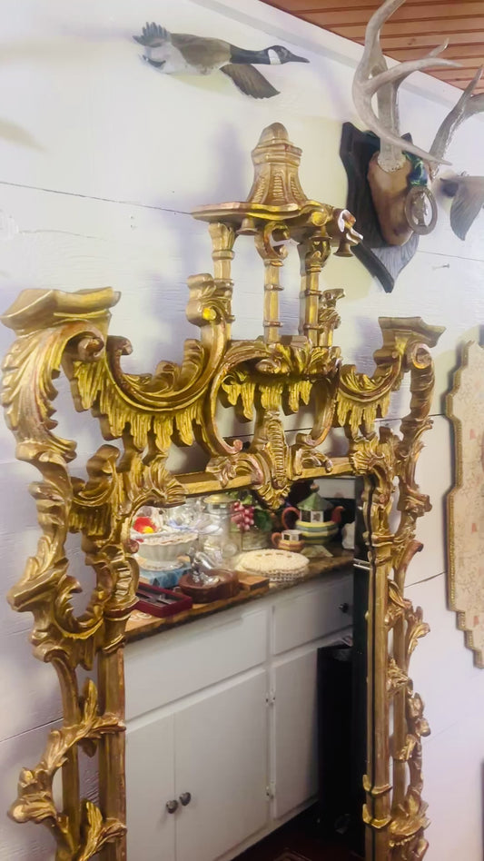 Vintage Chinese Chippendale Style Pagoda Mirror, Chinoiserie Rocoo Revival Style  – Ornate Gilt Molded Frame *PICK UP ONLY*