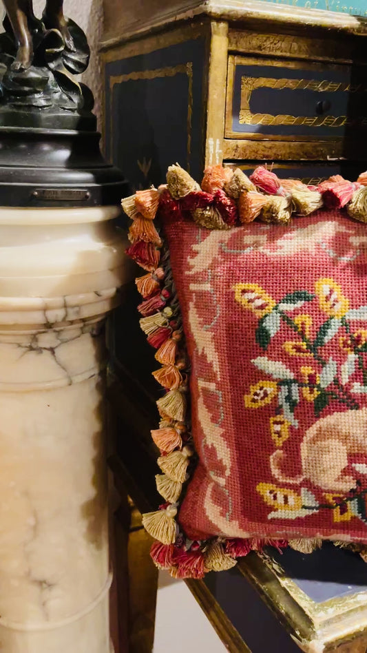 Vintage Needlepoint Whippet Pillow with Tassel Trim