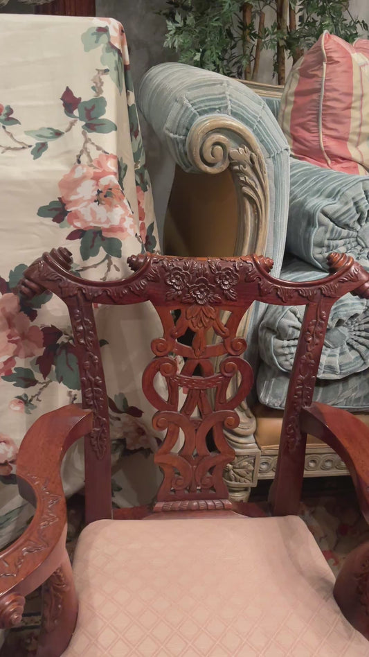 Vintage Chinese Chippendale Child’s Chair / Salesman’s Sample – Pink Upholstery & Chinoiserie Elegance