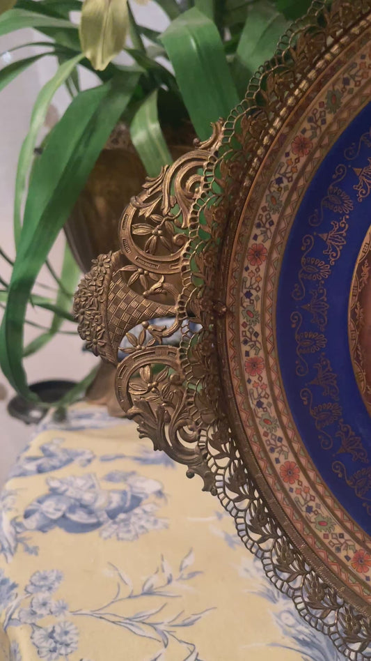 Vintage Neoclassical Porcelain Cabinet Plate with Ornate Holder