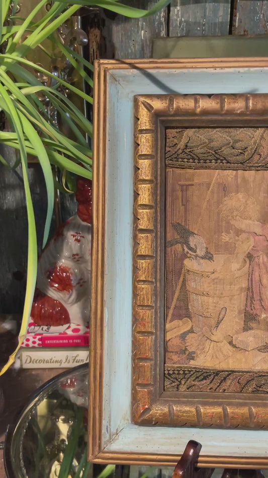 Framed French Tapestry Wall Art — Charming Children’s Scene in Gilt & Painted Frame