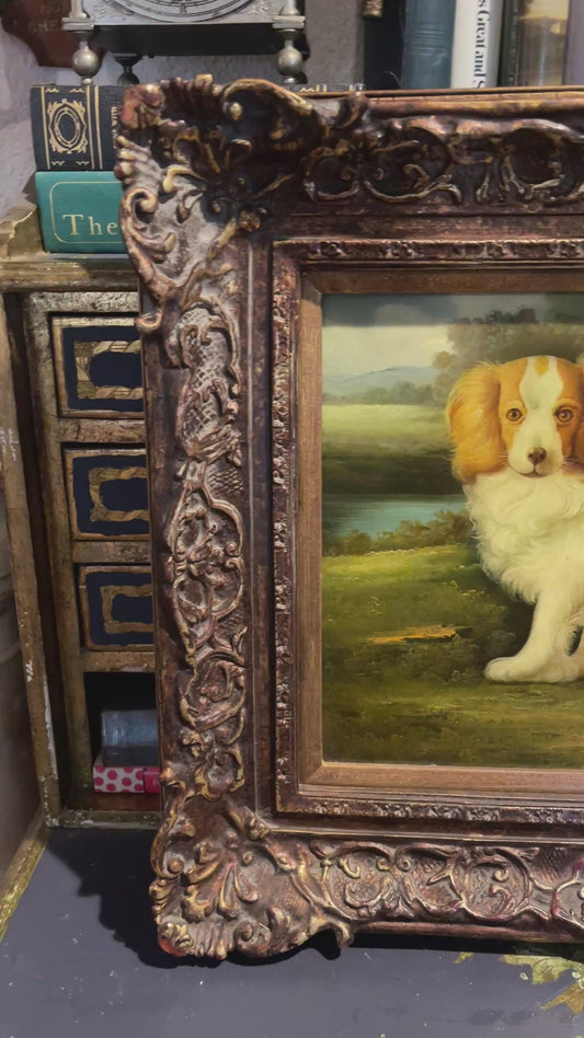 Vintage Oil Painting – Spaniel Dog Portrait in Ornate Frame, Artist Signed