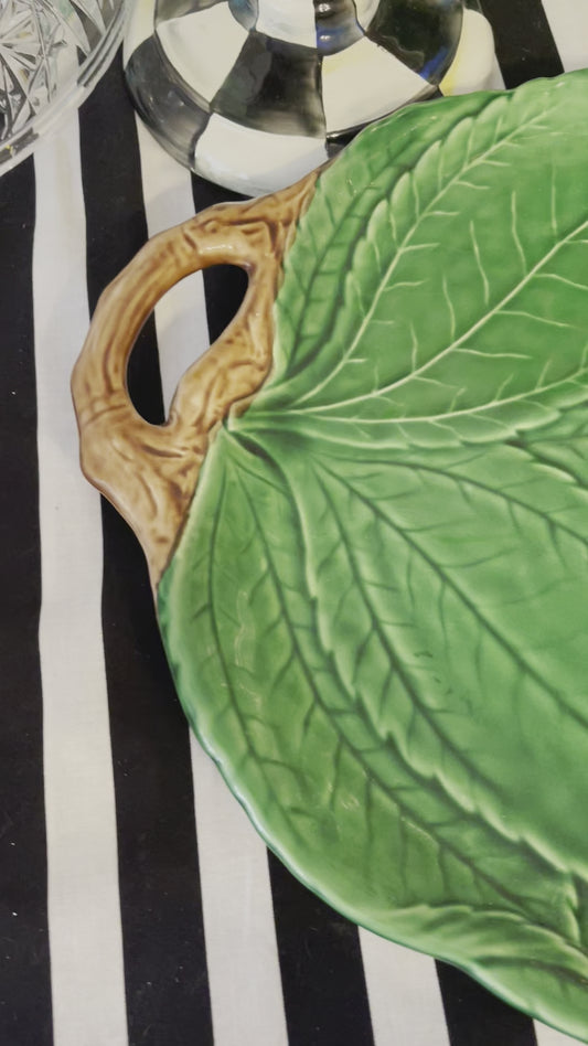 Large Vintage Majolica Haldon Group Green Leaf Platter, Made in Japan