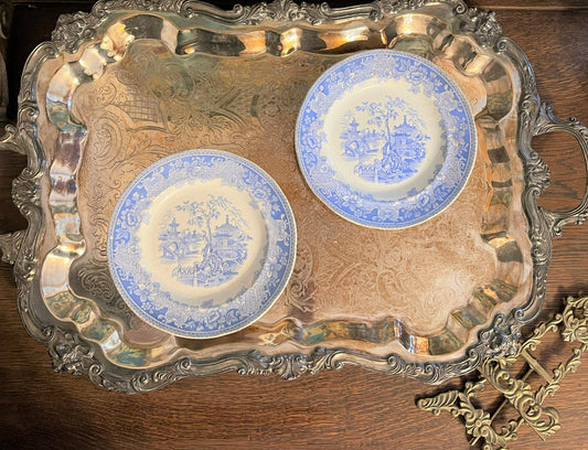 Antique Chinoiserie Circassia Plates by John Alcock, Blue and White Antique Plates, Set of Two