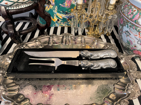 Arthur Court Bull Carving Set, Vintage Fork and Knife, Pewter Carving Set