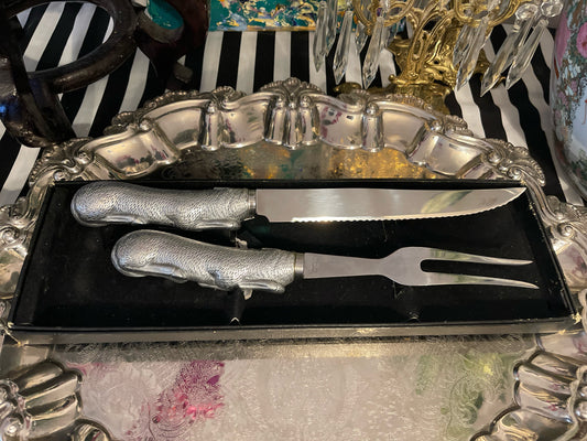 Arthur Court Bull Carving Set, Vintage Fork and Knife, Pewter Carving Set