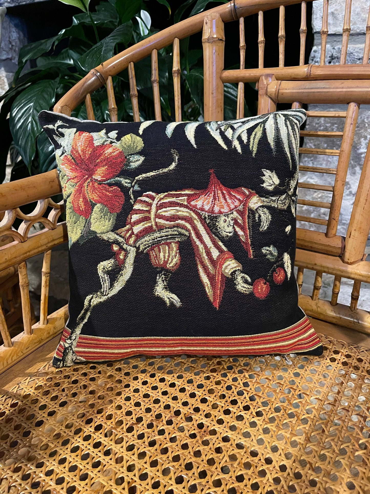 European Tapestry Chinoiserie Monkey Pillow, Square #1