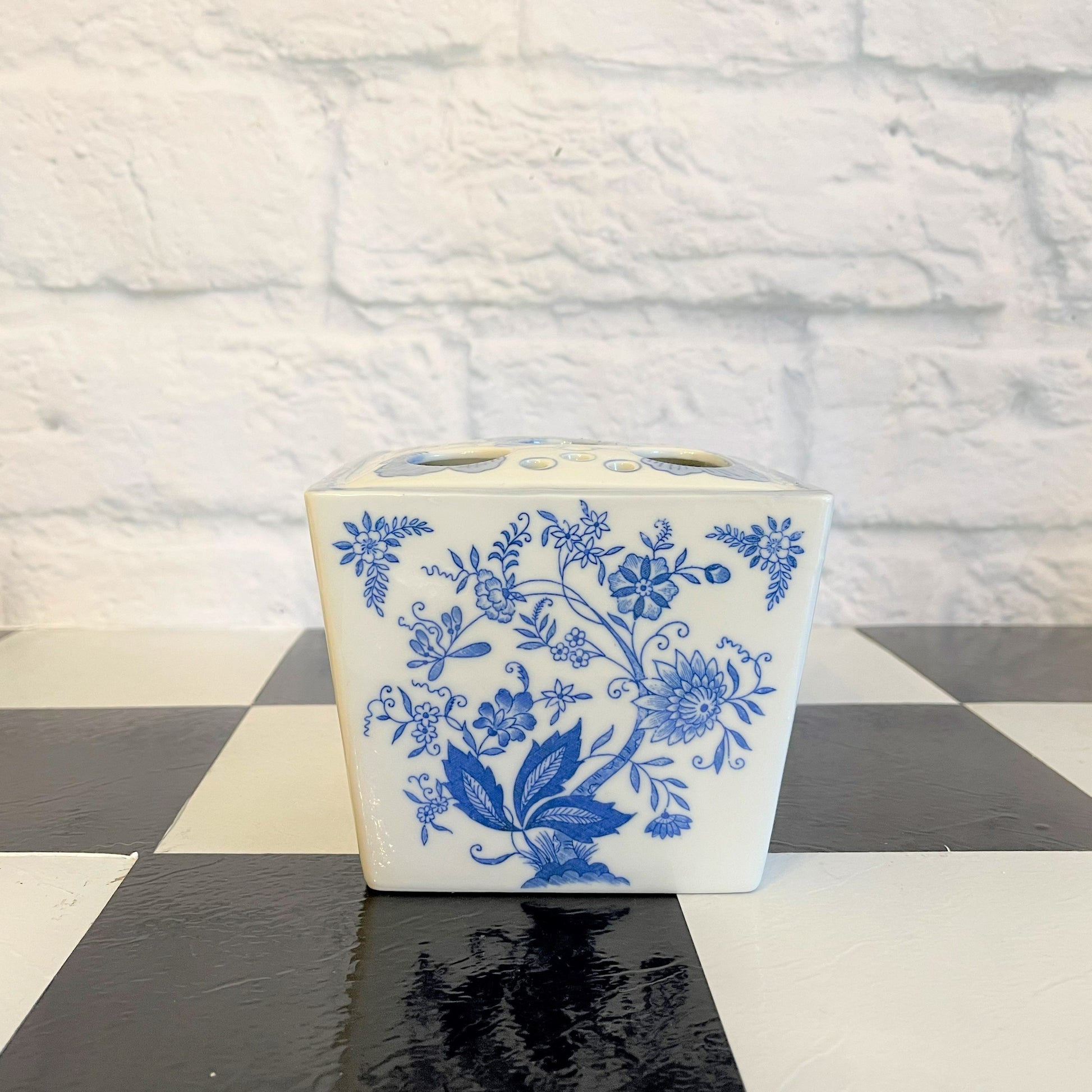 Blue and White Floral Frog/Vase, Florals and Acanthus Detail