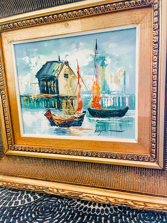 Vintage Painting of Boats at the Pier, Gold Gilt Ornate Frame, Vintage Oil on Canvas