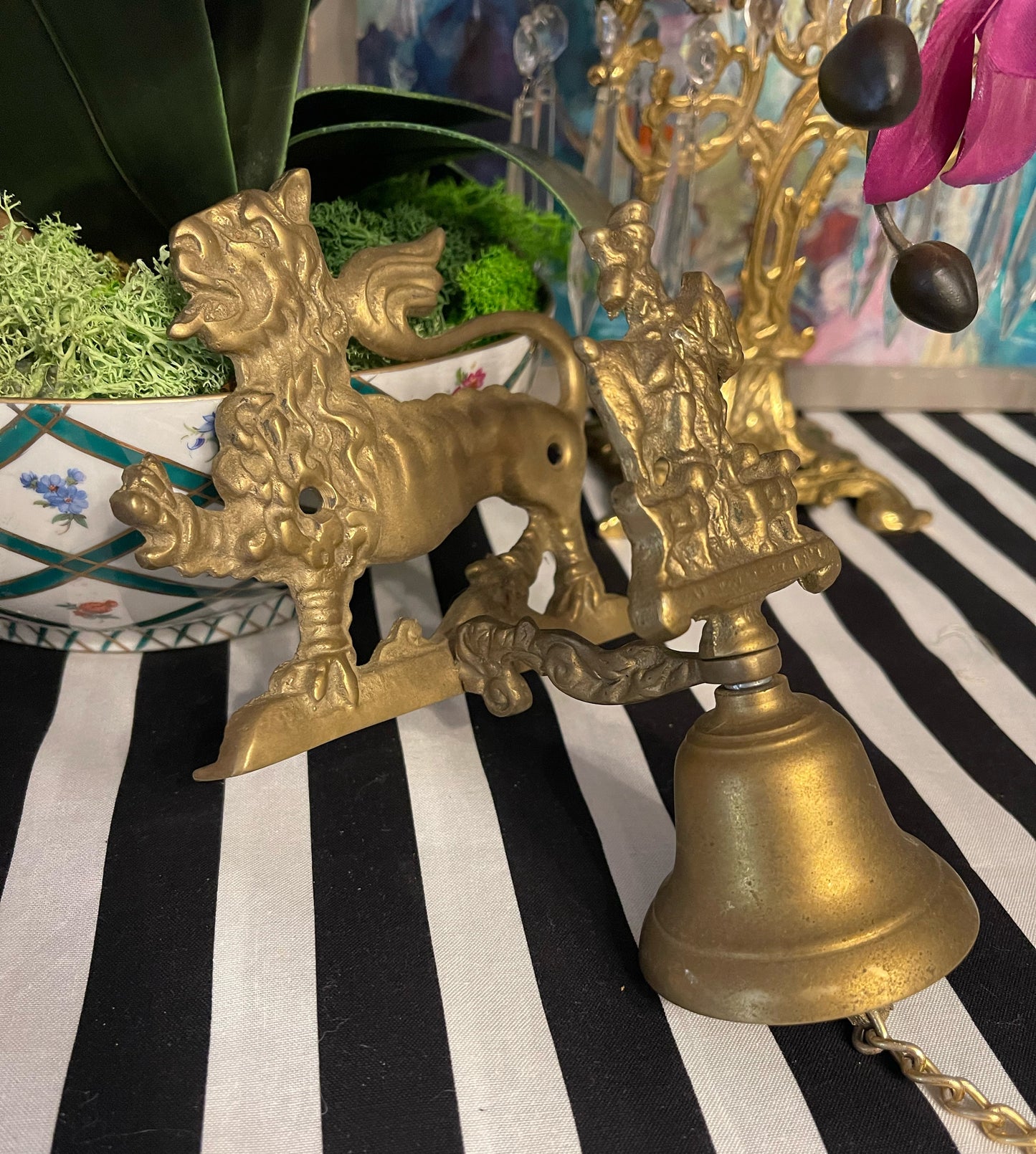 Vintage Brass Griffin Wall Mount with Tally Ho Bell, Wall Mount Brass Bell