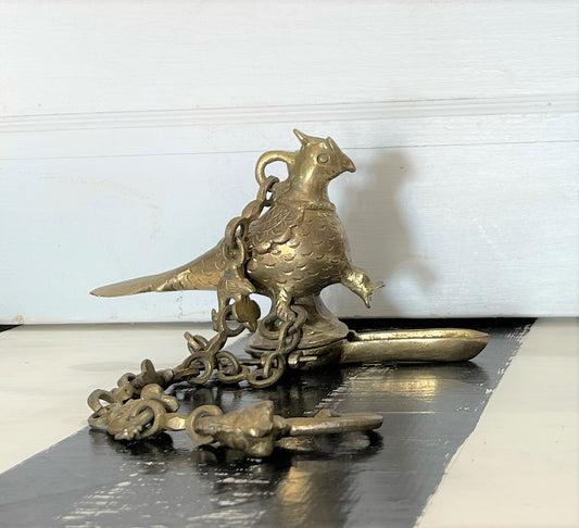 Vintage Brass Bird Incense Burner, Hanging Oil Lamp, Brass Wall Hanging Parrot Deepam Lamp