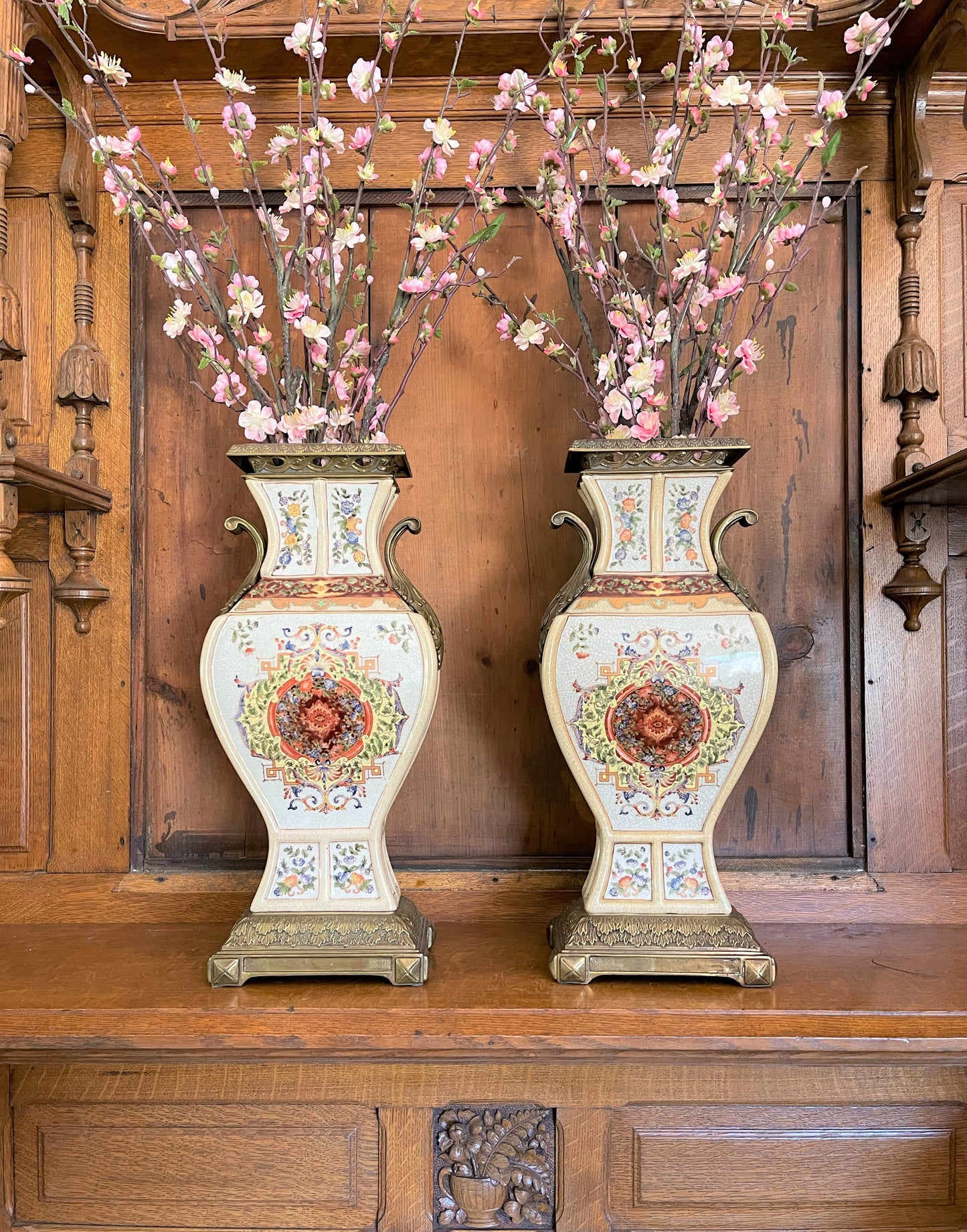 Vintage Castillian Ormolu Urns, Sold as a Pair, Stately Mantle Table Shelf Decor, Heavy