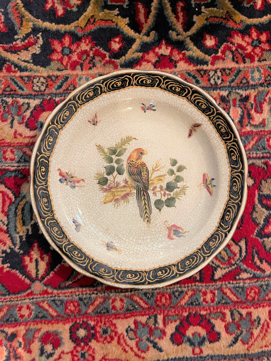 Vintage Hua Ping Tang Zhi Crackled Plate with a Vibrant Feathered Red Headed Bird/Parrot