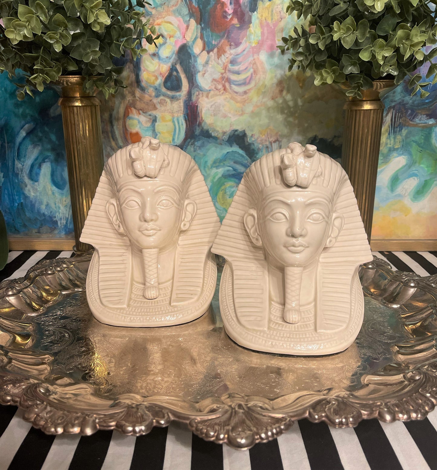 Vintage Fitz and Floyd Egyptian Revival King Tut Bookends, Vintage Egyptian Pharaoh Shelf Decor