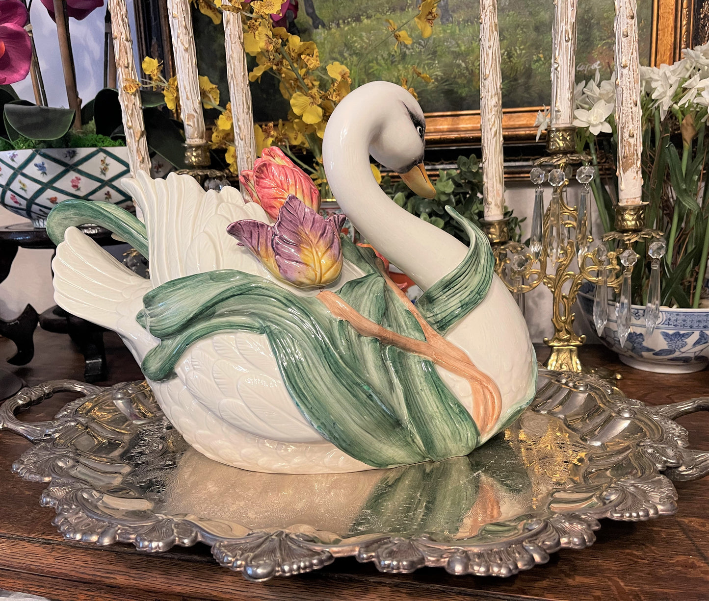 Large Fitz and Floyd Swan Tureen with Ladle, Vintage Classics Collection, Swan with Tulips