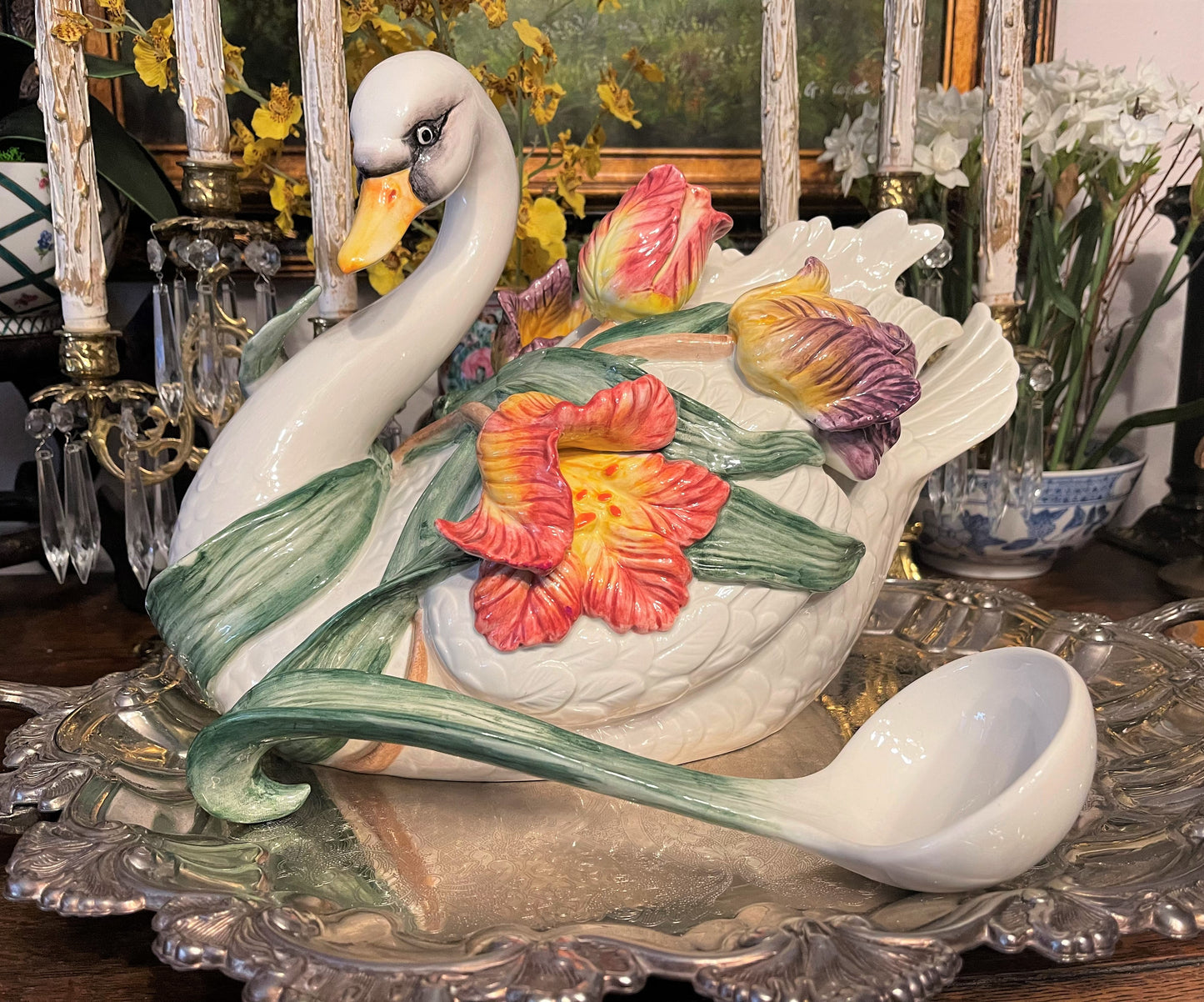 Large Fitz and Floyd Swan Tureen with Ladle, Vintage Classics Collection, Swan with Tulips