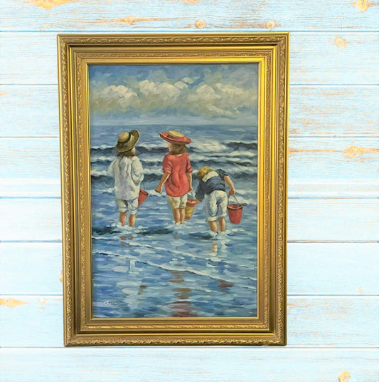 LARGE Vintage Children Playing in the Ocean Oil Painting, Seascape Holiday Oil Painting, Ornate Gold Frame, Vintage Coastal Painting