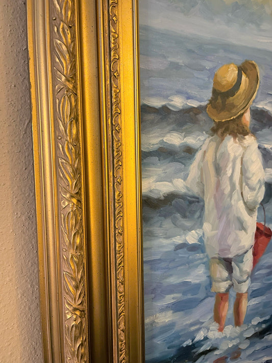 LARGE Vintage Children Playing in the Ocean Oil Painting, Seascape Holiday Oil Painting, Ornate Gold Frame, Vintage Coastal Painting