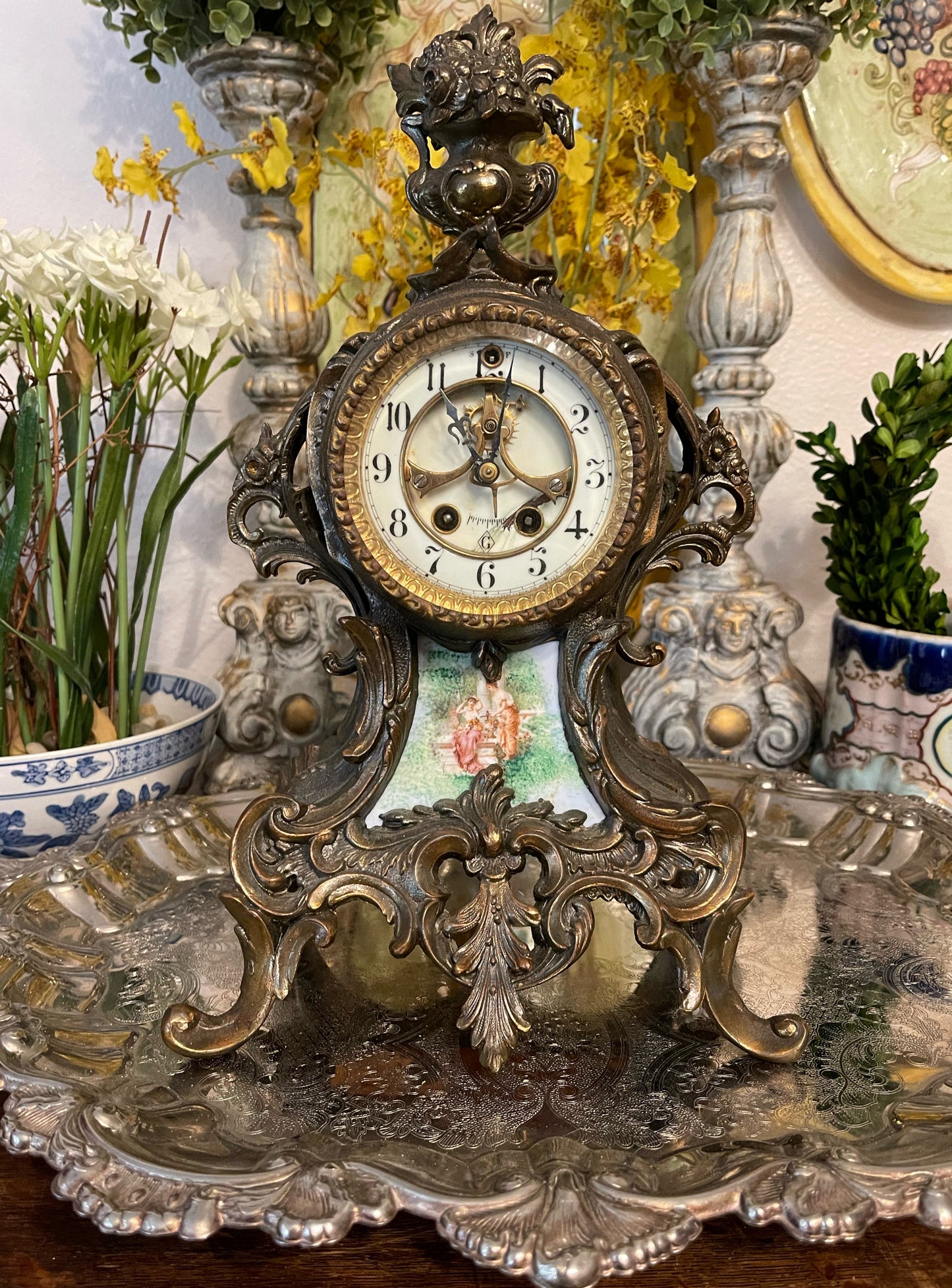Antique French Ormolu Bronze Mantel Clock with Hand Painted Porcelain Adornment
