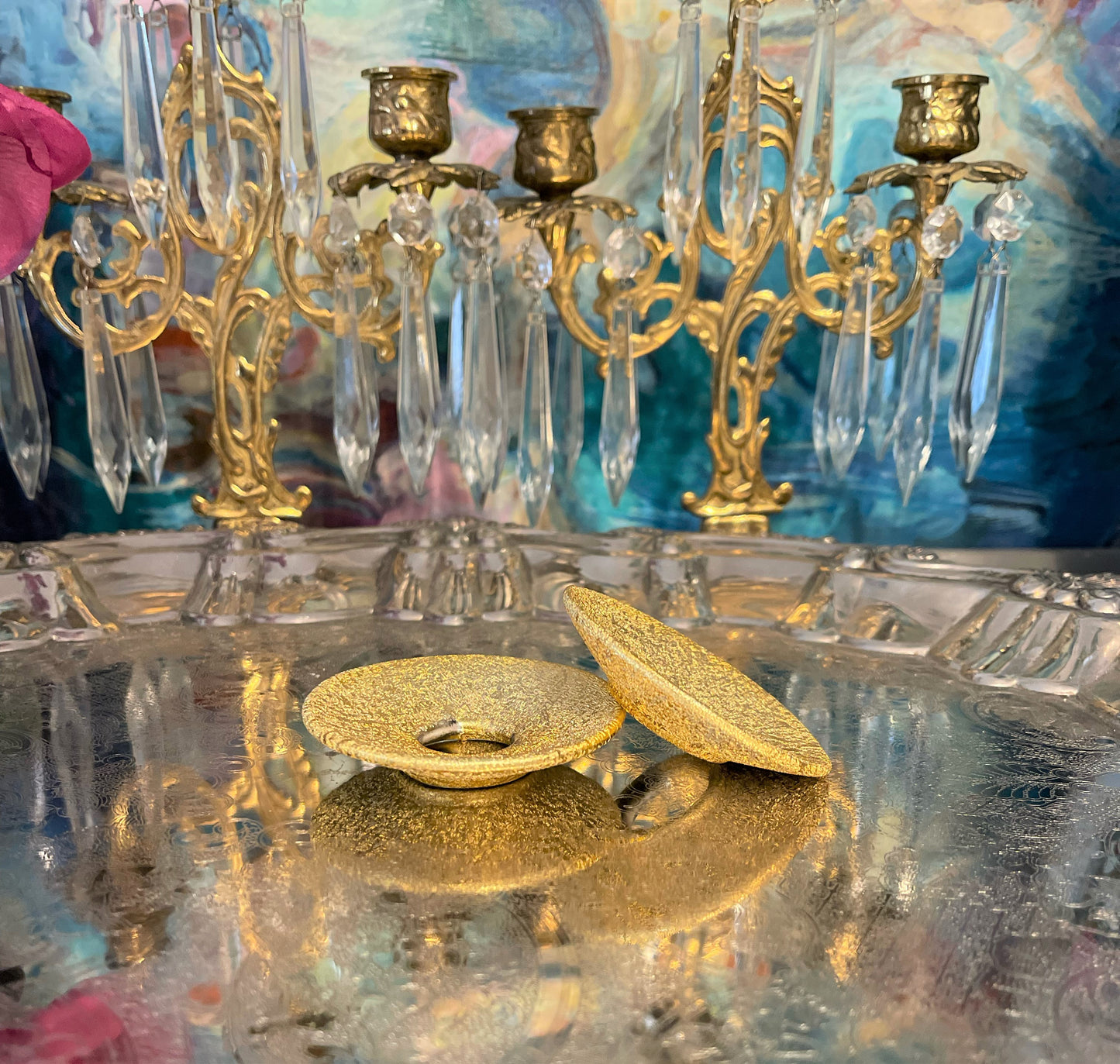 Gold Glittered Glass Babushka Pair, Vintage Candle Babushkas, Glam Holiday Decor