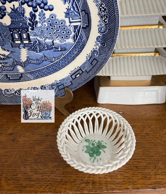 Vintage Herend Green Chinese Bouquet Small Basket Open Weave Bowl