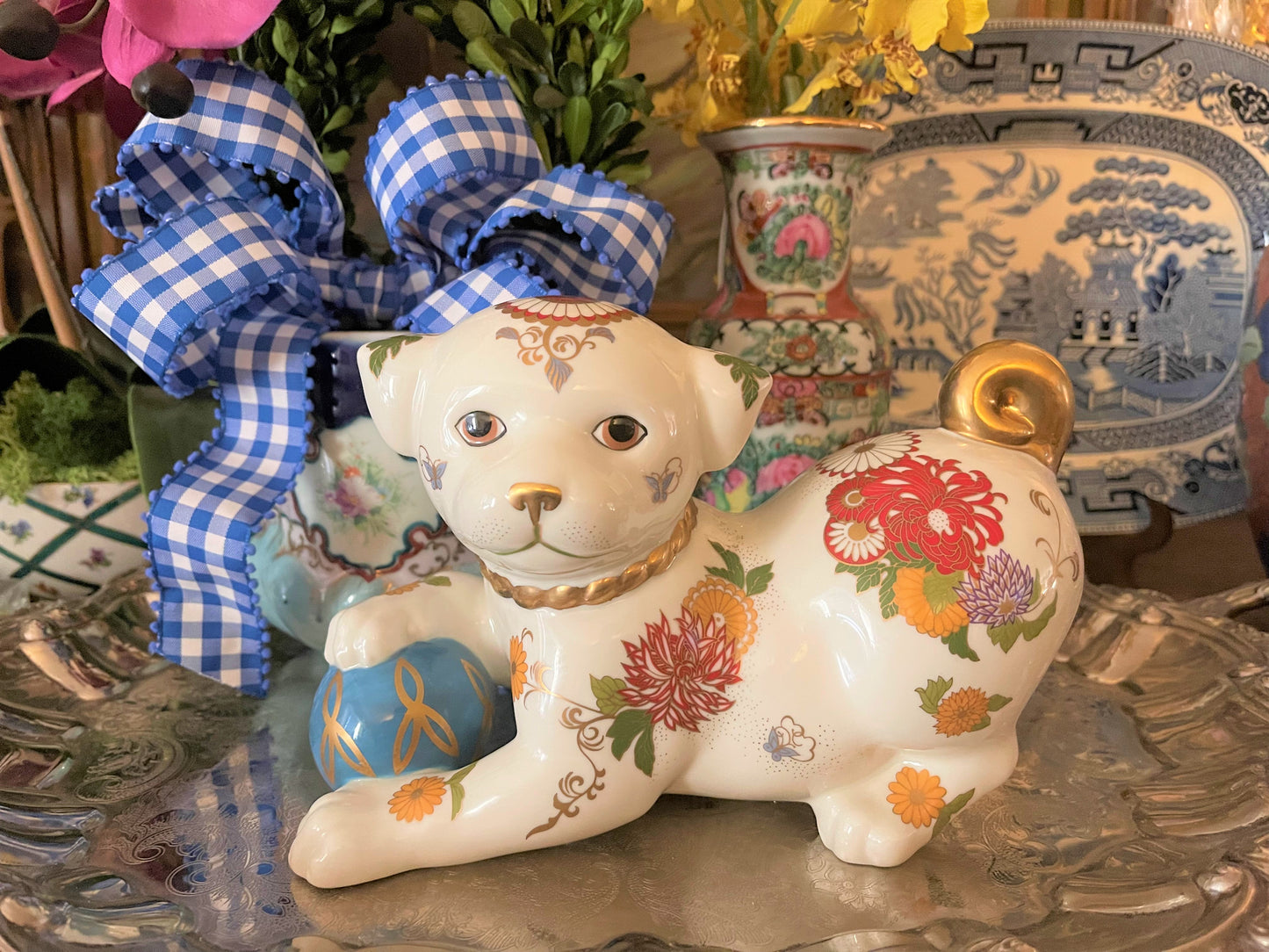 Vintage Chinoiserie Polychrome IMPERIAL PUPPY OF SATSUMA, Hand Painted, Vibrant Colors