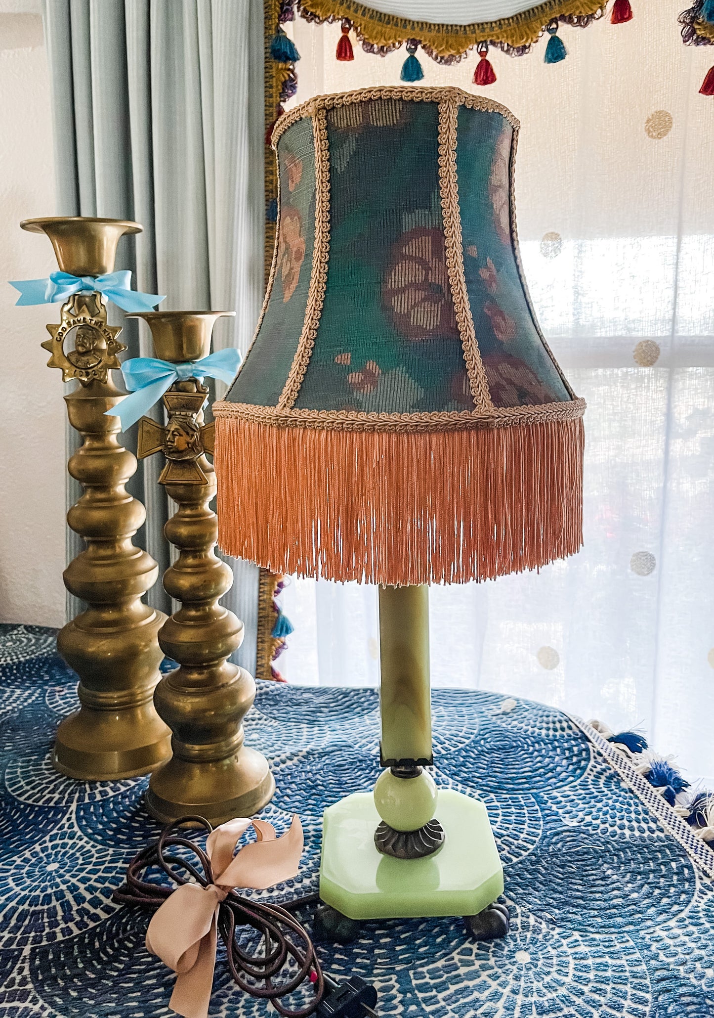 Antique Jadeite Lamp with Floral Fringed Shade, Bronze Claw Feet, and Adornments