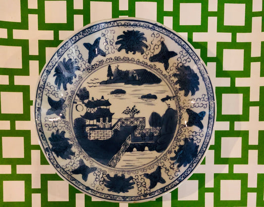 Vintage, Large Scalloped Edge Chinoiserie Bowl with Pagoda