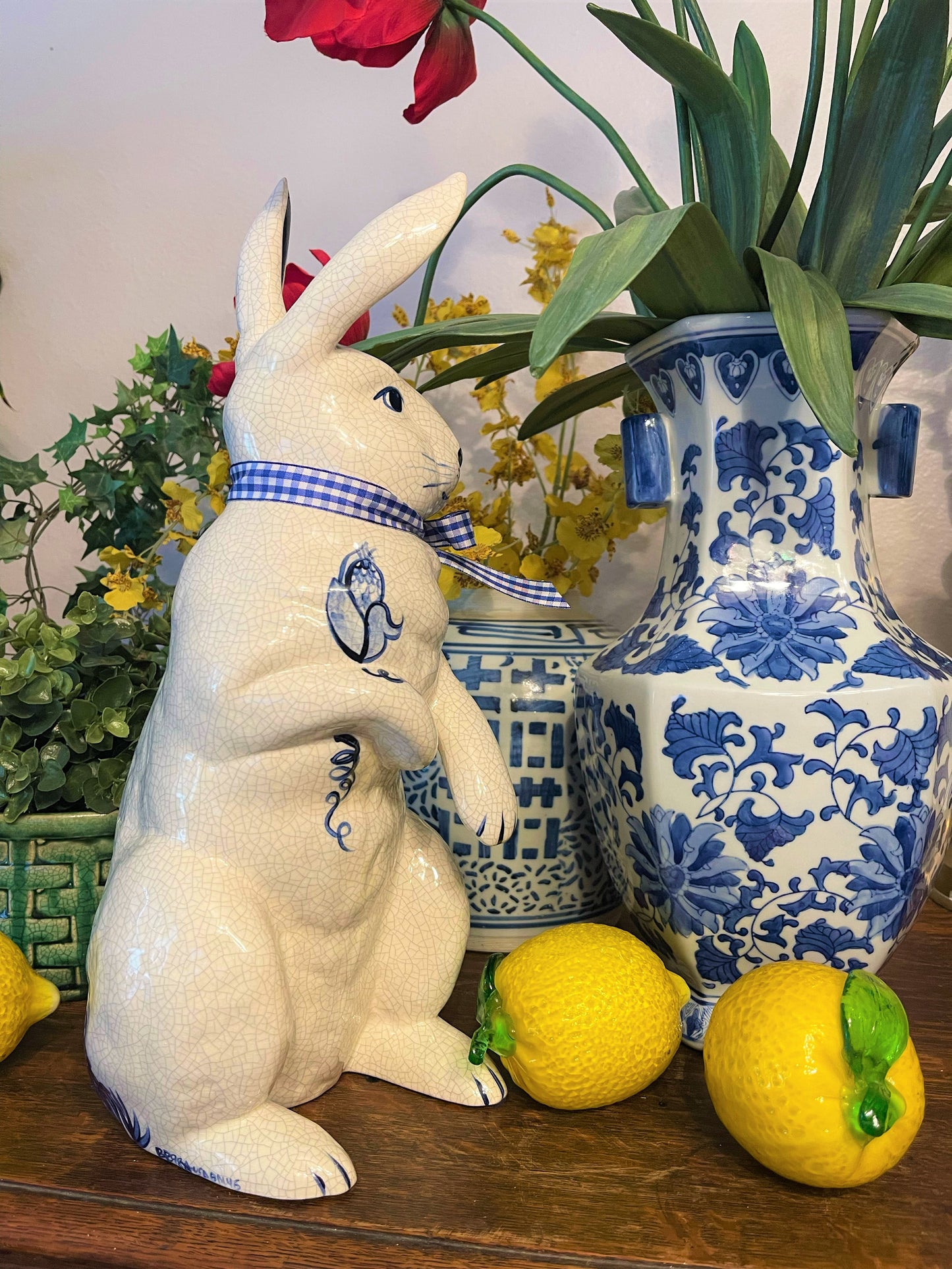 Vintage Potting Shed Dedham Pottery Large Blue and White Rabbit, Marked, Crackely Glazed Finish