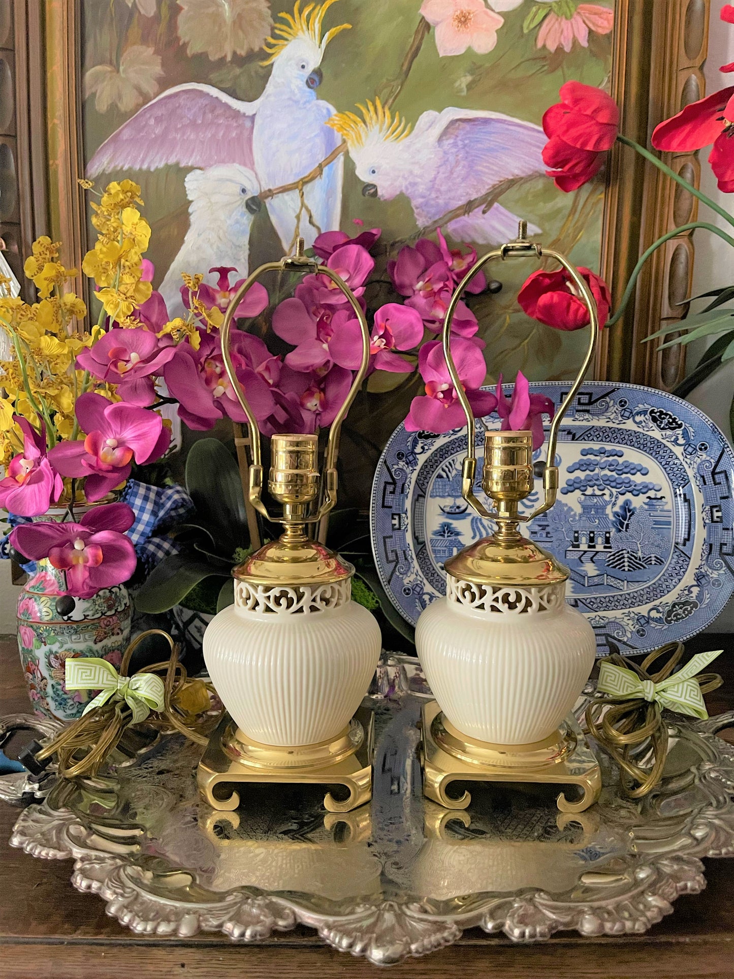 Vintage Lenox Quoizel Lamps, Ivory and Brass Chinoiserie Ming Base Lenox Lamps, Reticulated