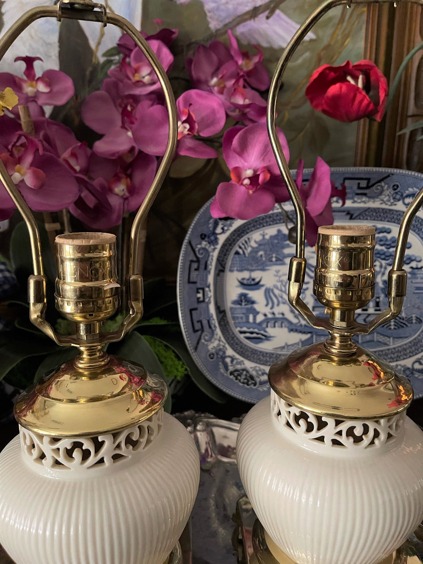 Vintage Lenox Quoizel Lamps, Ivory and Brass Chinoiserie Ming Base Lenox Lamps, Reticulated