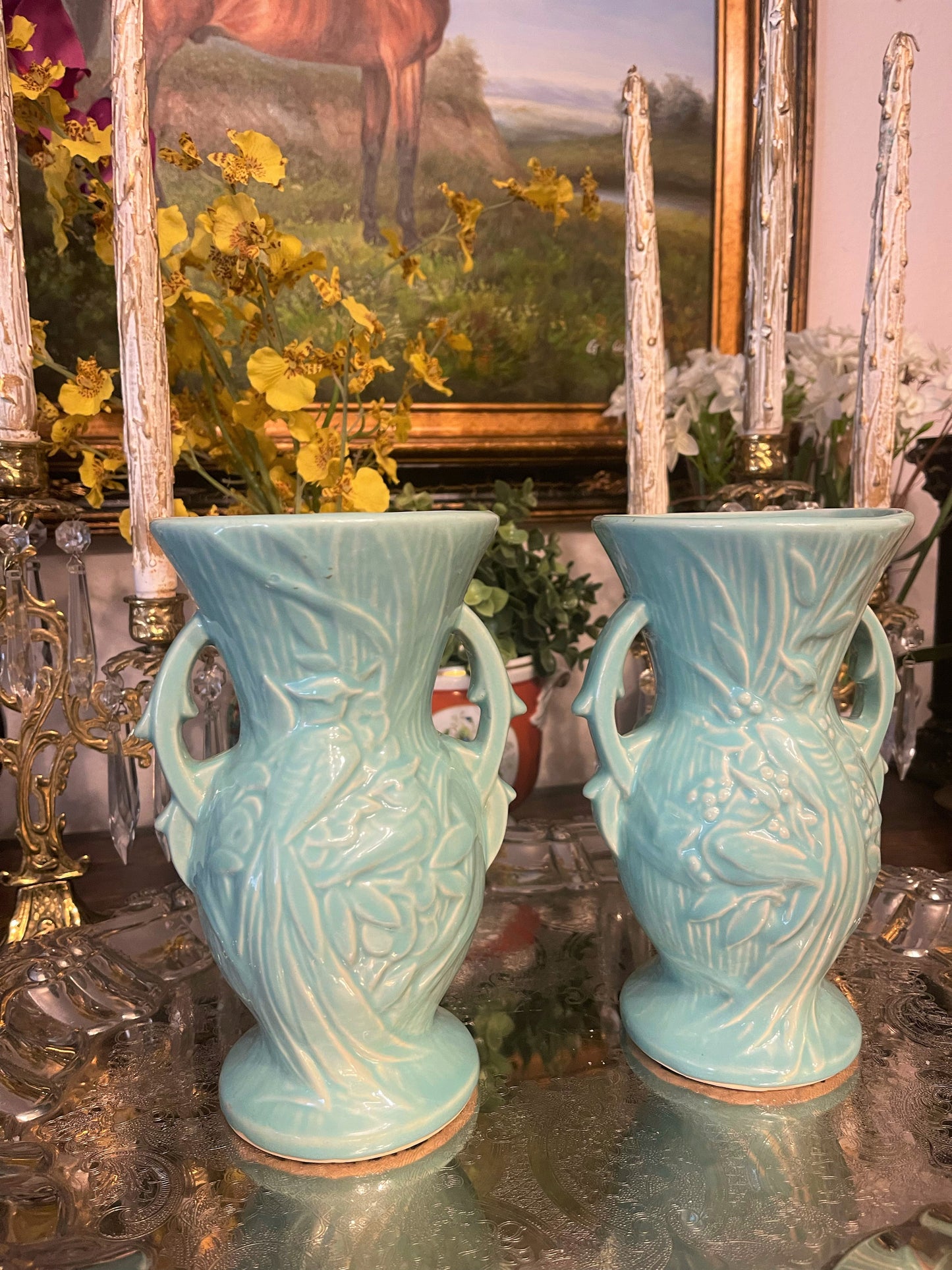 McCoy Bird of Paradise Vases, Pair, Vintage Peacock Vases